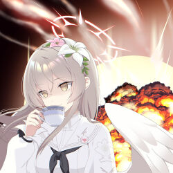 Rule 34 | 1girl, angel wings, black neckerchief, blonde hair, blue archive, blush, closed mouth, cup, dress, eko, explosion, feathered wings, flower, hair between eyes, hair flower, hair ornament, halo, highres, holding, holding cup, long sleeves, looking away, nagisa (blue archive), neckerchief, portrait, sailor collar, sidelocks, smile, solo, tea, teacup, white dress, white sailor collar, white wings, wings, yellow eyes