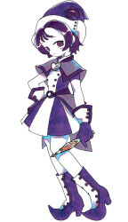Rule 34 | 1girl, boots, closed mouth, dress, earrings, full body, gloves, hand on own hip, hat, holding, holding wand, jewelry, looking at viewer, magical girl, ojamajo doremi, one side up, purple eyes, purple hair, segawa onpu, short hair, simple background, solo, standing, wand, white background, witch hat, yamakita higashi