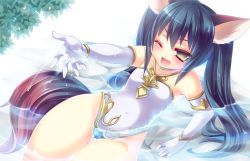 Rule 34 | 1girl, animal ears, bad id, bad pixiv id, bare shoulders, black hair, blush, cat ears, cat tail, elbow gloves, elin, flat chest, gloves, hlz, long hair, one-piece swimsuit, one eye closed, open mouth, solo, swimsuit, tail, tera online, thick thighs, thighs, twintails, water, wide hips, wink, yellow eyes