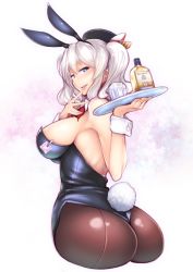 Rule 34 | 10s, 1girl, alcohol, alternate costume, animal ears, ass, black leotard, black pantyhose, blue eyes, breasts, condom, detached collar, fake animal ears, from behind, hair between eyes, highres, kagami uekusa, kantai collection, kashima (kancolle), large breasts, leotard, licking, licking finger, long hair, looking at viewer, open mouth, pantyhose, playboy bunny, rabbit ears, rabbit tail, sideboob, silver hair, solo, tail, tongue, tongue out, tray, twintails, upper body, wavy hair, wrist cuffs, wristband