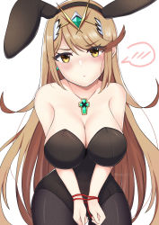 Rule 34 | 1girl, absurdres, animal ears, bare arms, bare shoulders, blonde hair, blush, breasts, cleavage, earrings, fake animal ears, head, highres, jewelry, large breasts, leotard, long hair, mythra (xenoblade), nassss, necklace, pantyhose, playboy bunny, rabbit ears, strapless, strapless leotard, swept bangs, tiara, tsundere, very long hair, xenoblade chronicles (series), xenoblade chronicles 2, yellow eyes
