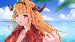 Rule 34 | 1girl, ahoge, black hairband, blonde hair, blue sky, blunt bangs, blurry, blush, bow, braid, clenched hand, cloud, cloudy sky, collarbone, commentary request, cosplay, day, depth of field, diagonal-striped bow, dragon girl, dragon horns, hairband, highres, hololive, horn bow, horn ornament, horns, kiryu coco, kiryu kazuma, kiryu kazuma (cosplay), long hair, looking at viewer, multicolored eyes, multicolored hair, ocean, orange hair, outdoors, palm leaf, pointy ears, purple eyes, red eyes, red shirt, ryuu ga gotoku (series), ryuu ga gotoku 3, shirt, single braid, sky, smile, solo, streaked hair, striped, striped bow, virtual youtuber, yuyaiyaui