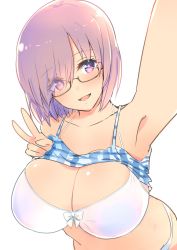 Rule 34 | 14sai bishoujo (shoutarou), 1girl, armpits, bare shoulders, bra, breasts, clothes lift, collarbone, crop top, eyes visible through hair, fate/grand order, fate (series), glasses, hair over one eye, head tilt, highres, large breasts, leaning forward, mash kyrielight, midriff, navel, open mouth, panties, purple eyes, purple hair, reaching, reaching towards viewer, selfie, semi-rimless eyewear, shirt lift, short hair, solo, stomach, underwear, v, white bra, white panties