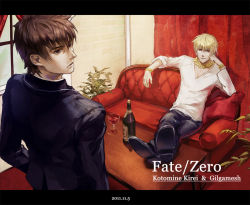 Rule 34 | 2boys, alcohol, blonde hair, bracelet, brown eyes, brown hair, casual, chair, character name, copyright name, fate/stay night, fate/zero, fate (series), gilgamesh (fate), jewelry, kotomine kirei, letterboxed, male focus, multiple boys, necklace, official alternate costume, red eyes, sitting, wine, yunvshen