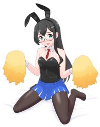 Rule 34 | 1girl, alternate costume, animal ears, black hair, black leotard, black pantyhose, blue skirt, breasts, cheerleader, detached collar, fake animal ears, geometrie, glasses, green eyes, highres, kantai collection, leotard, long hair, looking at viewer, neckerchief, ooyodo (kancolle), pantyhose, playboy bunny, pleated skirt, pom pom (cheerleading), rabbit ears, red neckerchief, semi-rimless eyewear, simple background, skirt, small breasts, solo, strapless, strapless leotard, under-rim eyewear, white background, wrist cuffs