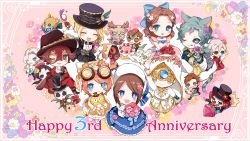 Rule 34 | 3boys, 4girls, :3, alcohol, alexander the great (identity v), animal ears, animal hands, anniversary, bird, black bow, black bowtie, blindfold, blonde hair, blue dress, blue eyes, blue gloves, blush, bonnet, book, bottle, bouquet, bow, bowtie, brown eyes, brown hair, cake, cat ears, cat tail, center frills, chibi, clover, cross-shaped pupils, crossed legs, cup, curly hair, demi bourbon, demi bourbon (black rose), dress, drinking glass, earrings, eli clark, eli clark (lunar phase), emma woods, emma woods (boudoir dream), eric knikki, eyeshadow, facial hair, facial mark, fedora, flower, food, forked tongue, formal, four-leaf clover, frilled sleeves, frills, gloves, goatee, goggles, goggles on head, green eyes, hair flower, hair ornament, hand on own chin, hat, highres, holding, holding book, holding bottle, hood, hood up, identity v, jewelry, kurt frank, kurt frank (alice), lipstick, long sleeves, low ponytail, makeup, mask, mini axe boy, mini bloody queen, mini evil reptilian, mini feaster, mini gamekeeper, mini geisha, mini jack, mini photographer, mini smiley face, mole, moon print, multiple boys, multiple girls, naib subedar, naib subedar (cheshire cat), norton campbell, norton campbell (ronald of nice), one eye closed, owl, pink dress, pink flower, ponytail, purple flower, reading, red eyeshadow, red hair, sandals, shiba inu (identity v), short hair, single glove, sitting, smile, striped tail, suit, symbol-shaped pupils, tail, tongue, tongue out, tracy reznik, tracy reznik (candy girl), v arms, vera nair, vera nair (red shoes), white flower, wine, wine bottle, wine glass, x-shaped pupils, yellow flower