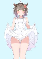 Rule 34 | 1girl, absurdres, ahoge, alternate costume, aqua background, breasts, brown hair, dress, feet out of frame, flower, frilled dress, frills, from below, gluteal fold, green eyes, hair flaps, hatsuzuki (kancolle), highres, kantai collection, medium breasts, one-hour drawing challenge, panties, red flower, red rose, rose, sakurai nana (moshichi), short hair, skirt hold, solo, underwear, upskirt, white dress, white panties