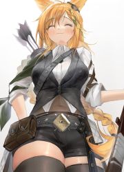 Rule 34 | 1girl, :3, absurdres, animal ears, arknights, arrow (projectile), belt, belt pouch, black shorts, black skirt, black thighhighs, black vest, blonde hair, bow, braid, closed eyes, closed mouth, collared shirt, commentary request, cowboy shot, dated, from below, green hair, highres, kaguura (kagu), kroos (arknights), kroos the keen glint (arknights), long hair, miniskirt, multicolored hair, navel, official alternate costume, pouch, quiver, rabbit ears, shirt, short sleeves, shorts, simple background, single braid, skirt, smile, solo, thighhighs, two-tone hair, very long hair, vest, waist cape, white background, white shirt, zettai ryouiki
