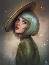Rule 34 | 1girl, artist name, backlighting, brown background, brown hat, from side, glitter, green eyes, green hair, green jacket, hat, jacket, looking to the side, matching hair/eyes, nose, open clothes, open jacket, original, red lips, serafleur, shirt, short hair, sideways hat, simple background, solo, upper body, white shirt