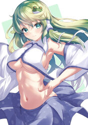 Rule 34 | 1girl, absurdres, aqua background, aqua eyes, armpits, bare shoulders, blue skirt, blush, breasts, closed mouth, commentary request, cowboy shot, crop top, detached sleeves, frog hair ornament, green hair, groin, hair ornament, hair tubes, hand on own hip, highres, kochiya sanae, large breasts, light smile, long hair, long sleeves, looking at viewer, navel, outline, saniraku, shirt, sideboob, simple background, skirt, snake hair ornament, solo, swept bangs, touhou, underboob, very long hair, white background, white outline, white shirt, wide sleeves, wing collar