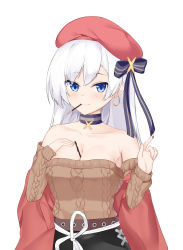 Rule 34 | 1girl, absurdres, aran sweater, azur lane, bare shoulders, belfast (azur lane), belfast (shopping with the head maid) (azur lane), beret, black bow, black skirt, blue eyes, bow, breasts, brown sweater, cable knit, choker, cleavage, closed mouth, collarbone, earrings, food, food between breasts, food in mouth, food on hand, hair bow, hat, highres, hoop earrings, jewelry, long hair, looking at viewer, medium breasts, mouth hold, off-shoulder sweater, off shoulder, pocky, pocky day, red hat, roido (taniko-t-1218), sidelocks, silver hair, simple background, skirt, smile, solo, striped, striped bow, sweater, white background