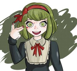 Rule 34 | 1girl, blood, blood on face, blood on hand, blood on hands, bow, collared shirt, danganronpa (series), danganronpa another episode: ultra despair girls, eyebrows, eyelashes, female focus, fingernails, green background, green eyes, green hair, hair bow, hair ribbon, hairband, headband, heart, long sleeves, looking at viewer, matching hair/eyes, multicolored eyes, nail polish, bowtie, neck ribbon, nose, open mouth, red bow, red hairband, red headband, red headwear, red nails, red ribbon, ribbon, shiny clothes, shirt, simple background, solo, teeth, tongue, towa monaca, upper body, upper teeth only, white background