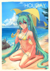 Rule 34 | 10s, 1girl, 2015, absurdres, atdan, bad id, bad pixiv id, barefoot, beach, bikini, bikini pull, breasts, cleavage, clothes pull, cloud, covered erect nipples, dated, day, green eyes, green hair, hatsune miku, headphones, highres, long hair, looking at viewer, matching hair/eyes, medium breasts, navel, ocean, outdoors, pinky out, sand, sitting, sky, smile, solo, swimsuit, twintails, umbrella, undressing, very long hair, vocaloid, wet, yellow bikini, yokozuwari