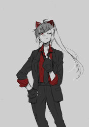 Rule 34 | 1girl, adjusting clothes, adjusting necktie, animal ears, assault lily, black gloves, black jacket, black necktie, black pants, black suit, cat ears, closed mouth, collared shirt, commentary request, cowboy shot, fake animal ears, formal, gloves, grey background, hand on own hip, hand up, high ponytail, jacket, kondou misaka, long hair, long sleeves, looking at viewer, loose necktie, necktie, one eye closed, open clothes, open jacket, pant suit, pants, partially colored, partially fingerless gloves, ponytail, red eyes, red shirt, santouka, shirt, simple background, sleeves rolled up, smirk, solo, standing, suit, v-shaped eyebrows