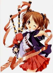 Rule 34 | 00s, 1girl, bagpipes, blouse, blue bow, blue bowtie, bow, bowtie, center frills, cowboy shot, foreshortening, frilled shirt, frills, from side, head tilt, instrument, jpeg artifacts, miniskirt, popped collar, reaching, reaching towards viewer, shirt, simple background, sister princess, skirt, solo, standing, tenhiro naoto, two side up, white background, white shirt, yotsuba (sister princess)