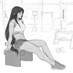 Rule 34 | 1girl, abs, breasts, closed eyes, dumbbell, final fantasy, final fantasy vii, gym, jen bartel, long hair, monochrome, muscular, muscular female, punching bag, resting, shoes, shorts, sigh, sitting, sneakers, solo, sports bra, tifa lockhart