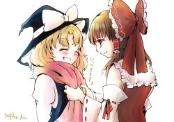 Rule 34 | 2girls, ^ ^, arms behind back, bare shoulders, blonde hair, blush, bow, brown hair, commentary, detached sleeves, dressing another, closed eyes, face-to-face, grin, hair bow, hair tubes, hakurei reimu, happy, hat, hidden star in four seasons, implied yuri, juliet sleeves, kirisame marisa, long hair, long sleeves, multiple girls, papiko (papiko8901), pink scarf, profile, puffy sleeves, scarf, sideways mouth, signature, smile, touhou, translated, vest, wavy hair, witch hat