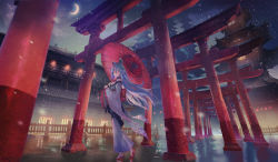 Rule 34 | 1girl, animal ears, back bow, bare shoulders, bow, breasts, building, cloud, cloudy sky, commentary request, crescent moon, denki, floating hair, grey kimono, holding, holding umbrella, japanese clothes, kimono, lantern, long hair, long sleeves, looking at viewer, medium breasts, moon, multicolored hair, night, night sky, oil-paper umbrella, original, outdoors, parted lips, red bow, red eyes, red footwear, red hair, red umbrella, silver hair, sky, solo, streaked hair, torii, umbrella, very long hair, walking, wide sleeves