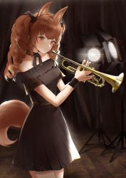 Rule 34 | 1girl, ambience synesthesia, angelina (arknights), animal ear fluff, animal ears, arknights, black bow, black dress, black ribbon, blush, bow, brown eyes, brown hair, closed mouth, collarbone, cowboy shot, curtains, dress, drill hair, fox ears, fox girl, fox tail, frilled dress, frills, from side, hair bow, holding, holding instrument, instrument, lens flare, looking at viewer, looking to the side, neck ribbon, off-shoulder dress, off shoulder, official alternate costume, ribbon, short sleeves, smile, solo, standing, tail, trumpet, twin drills, twintails, ufoliving