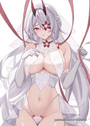 Rule 34 | 1girl, acheron (honkai: star rail), alternate costume, bare shoulders, breasts, bridal veil, chinoa, commentary, cowboy shot, crop top, elbow gloves, gloves, groin, highres, honkai: star rail, honkai (series), horns, large breasts, long hair, looking at viewer, midriff, navel, official alternate eye color, official alternate hair color, panties, red eyes, simple background, solo, standing, stomach, underwear, veil, very long hair, white background, white gloves, white hair, white panties