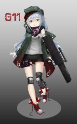 Rule 34 | 1girl, absurdres, assault rifle, boots, brown eyes, bullpup, caseless firearm, commentary request, g11 (girls&#039; frontline), girls&#039; frontline, gradient background, green eyes, gun, h&amp;k g11, hair between eyes, hat, highres, holster, horizontal magazine, jacket, kakutasu (akihiron cactus), knee pads, leg belt, long hair, looking at viewer, off shoulder, open mouth, personification, prototype design, rifle, scarf, scope, short shorts, shorts, silver hair, simple background, solo, thigh holster, very long hair, weapon