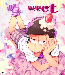 Rule 34 | 10s, 1boy, artist name, bad id, bad twitter id, black hair, english text, food, food on head, fruit, head rest, highres, looking at viewer, lying, male focus, matsuno ichimatsu, messy hair, o2 (o2mm), object on head, on stomach, osomatsu-kun, osomatsu-san, osomatsu (series), pants, plaid, plaid pants, shorts, smile, socks, solo, strawberry, striped clothes, striped socks, suspenders, tongue, tongue out