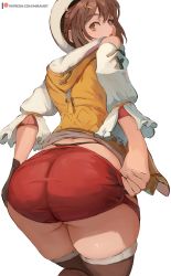 Rule 34 | 1girl, ass, atelier (series), atelier ryza, atelier ryza 2, boots, brown eyes, brown footwear, brown hair, hat, long sleeves, looking at viewer, looking back, mirai hikari, parted lips, patreon username, red shorts, reisalin stout, short hair, shorts, simple background, solo, thigh boots, thighhighs, thighs, white background, white hat