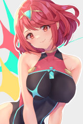 Rule 34 | 1girl, bare shoulders, black leotard, black one-piece swimsuit, breasts, chest jewel, closed mouth, collarbone, covered collarbone, edamameoka, grey background, head tilt, headpiece, highres, large breasts, leotard, one-piece swimsuit, outline, pyra (pro swimmer) (xenoblade), pyra (xenoblade), red eyes, red hair, smile, solo, swimsuit, white outline, xenoblade chronicles (series), xenoblade chronicles 2