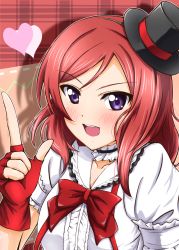 Rule 34 | &gt;:d, 10s, 1girl, :d, blush, bokura wa ima no naka de, bow, bowtie, center frills, choker, diesel-turbo, fingerless gloves, frilled choker, frills, gloves, hairband, hat, heart, index finger raised, looking at viewer, love live!, love live! school idol project, md5 mismatch, mini hat, mini top hat, nishikino maki, open mouth, purple eyes, red bow, red bowtie, red gloves, red hair, smile, solo, top hat, upper body, v-shaped eyebrows