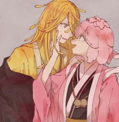 Rule 34 | 2others, beads, black kimono, blonde hair, eye contact, eyebrows, eyelashes, hair between eyes, hand on another&#039;s chin, hand on another&#039;s face, haori, happy, imminent kiss, japanese clothes, jewelry, jigokuraku, ju fa, kimono, long hair, long sleeves, looking at another, multiple others, necklace, pink hair, profile, short hair, smile, tao fa, white background, wide sleeves, yellow eyes, yellow kimono