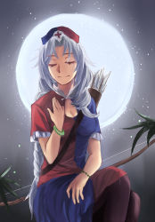 Rule 34 | 1girl, absurdres, arrow (projectile), black pantyhose, bow, bow (weapon), bracelet, braid, breasts, dress, closed eyes, full moon, hand on own chest, hat, highres, hujitaumi, jewelry, long hair, moon, nurse cap, pantyhose, plant, quiver, short sleeves, silver hair, sitting, skirt, skirt set, smile, solo, touhou, weapon, yagokoro eirin