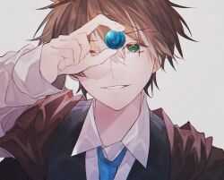 Rule 34 | 1boy, brown hair, bungou stray dogs, edogawa ranpo (bungou stray dogs), formal, green eyes, male focus, smile, suit, white background