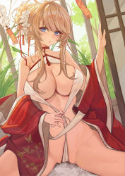 Rule 34 | 1girl, azur lane, blood, blue eyes, breasts, catsmoon, chinese clothes, cleavage, collarbone, dress, floral print, glorious (azur lane), glorious (pungent plum) (azur lane), groin, hair bun, hair ornament, hair stick, hairpin, highres, large breasts, long hair, looking at viewer, official alternate costume, open clothes, red dress, revealing clothes, sidelocks, single hair bun, sitting, skindentation, sliding doors, solo, spread legs, stomach, wide sleeves