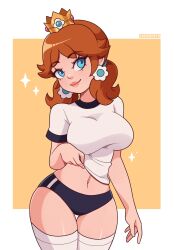 Rule 34 | 1girl, black buruma, blue eyes, breasts, brown hair, buruma, clothes lift, cremanata, crown, flower, freckles, gym uniform, hair flower, hair ornament, highres, large breasts, long hair, looking at viewer, low twintails, mario (series), navel, nintendo, princess daisy, shirt, shirt lift, short sleeves, smile, sparkle, standing, super mario land, thick thighs, thighhighs, thighs, twintails, white shirt, white thighhighs, wide hips, yellow background
