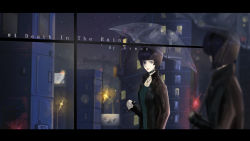 Rule 34 | 1girl, black hair, black jacket, black shirt, blouse, blunt bangs, bob cut, choker, collarbone, from side, green shirt, gy (artist), highres, holding, holding umbrella, jacket, jewelry, letterboxed, long sleeves, necklace, open clothes, open jacket, outdoors, persona, persona 5, reflection, shirt, short hair, solo, takemi tae, transparent, transparent umbrella, umbrella