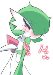 Rule 34 | 1girl, arm at side, arrow (symbol), averting eyes, blush, bob cut, closed mouth, colored skin, creatures (company), disembodied limb, ear blush, embarrassed, female focus, flat chest, game freak, gardevoir, gen 3 pokemon, green hair, green skin, hair over one eye, half-closed eyes, hand on another&#039;s chest, heart, heart-shaped pupils, highres, japanese text, leaning back, looking to the side, m3 (gardevoir m3), multicolored skin, nintendo, nose blush, one eye covered, pokemon, pokemon (creature), red eyes, short hair, simple background, solo focus, spoken heart, standing, symbol-shaped pupils, tears, translation request, two-tone skin, upper body, wavy mouth, white background, white skin