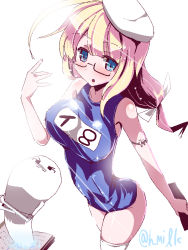 Rule 34 | 10s, 1girl, blonde hair, blue eyes, breasts, glasses, hat, i-8 (kancolle), kantai collection, large breasts, long hair, miuku (marine sapphire), name tag, one-piece swimsuit, school swimsuit, solo, swimsuit, thighhighs, white thighhighs