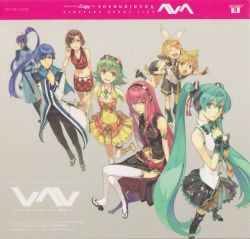 Rule 34 | 3boys, 5girls, album cover, alternate costume, aqua eyes, aqua hair, artist request, bare shoulders, black socks, blonde hair, blue eyes, blue hair, blue scarf, boots, bow, bowtie, bracelet, breasts, brother and sister, brown eyes, brown hair, cleavage, closed eyes, cover, dress, feet, floral print, flower, goggles, goggles on head, green eyes, green hair, gumi, hair ornament, hair ribbon, hairband, hairclip, hands on own chest, hatsune miku, headphones, hidari (left side), highres, jewelry, kagamine len, kagamine rin, kaito (vocaloid), kamui gakupo, kneehighs, leg up, leg warmers, long hair, looking back, medium breasts, megpoid, megurine luka, meiko (vocaloid), midriff, multiple boys, multiple girls, navel, necktie, open mouth, outstretched arms, pink hair, ponytail, print legwear, purple hair, ribbon, sailor collar, sandals, scarf, shoe dangle, short hair, shorts, siblings, sitting, skirt, small breasts, smile, socks, spread arms, thighhighs, twins, twintails, very long hair, vocaloid, wallpaper, white thighhighs, wrist cuffs, zettai ryouiki