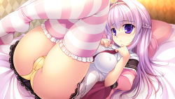 Rule 34 | 1girl, ass, bed, blush, braid, breasts, covered erect nipples, french braid, game cg, hairband, hoshioki marika, hyakugojuunenme no mahoutsukai, indoors, jacket, large breasts, legs up, long hair, looking at viewer, lying, matching hair/eyes, mikeou, necktie, on bed, open clothes, open jacket, panties, parted lips, pillow, pink jacket, pink thighhighs, purple eyes, purple hair, red necktie, school uniform, shirt, short sleeves, skirt, solo, source request, striped clothes, striped thighhighs, teeth, thighhighs, underwear, white shirt, white skirt, yellow panties