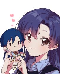 Rule 34 | 1girl, blue hair, blue shirt, blush, brown eyes, closed mouth, heart, highres, holding, holding stuffed toy, idolmaster, idolmaster (classic), idolmaster million live!, idolmaster million live! theater days, kisaragi chihaya, long hair, looking at viewer, lunim (roo 0 0), portrait, shirt, simple background, smile, solo, stuffed toy, white background