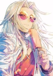 Rule 34 | 1boy, collarbone, earrings, food, highres, jewelry, long hair, male focus, miyama (lacrima01), necklace, popsicle, rouge (saga frontier), saga, saga frontier, simple background, single earring, smile, solo, sunglasses, white background, white hair