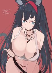 Rule 34 | 1girl, ahoge, animal ears, arknights, asususususu, bikini, black hair, blaze (arknights), blue eyes, breasts, cat ears, cat tail, cleavage, collarbone, cowboy shot, english text, hairband, highres, jewelry, large breasts, leaning forward, long hair, looking at viewer, milestone celebration, necklace, official alternate costume, red hairband, red neckwear, solo, standing, sweatdrop, swimsuit, tail, thank you, tooth necklace, very long hair, white bikini