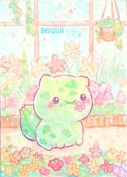 Rule 34 | artist name, bisquii, blush, bulbasaur, closed mouth, creatures (company), floral background, flower, flower in mouth, game freak, gen 1 pokemon, lowres, nintendo, no humans, orange flower, painting (medium), plant, pokemon, pokemon (creature), potted plant, red flower, sitting, smile, solo, traditional media, watercolor (medium), window, yellow flower