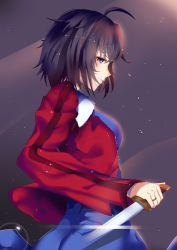 Rule 34 | 1girl, absurdres, ahoge, bad id, bad pixiv id, brown hair, fur-trimmed jacket, fur trim, highres, jacket, japanese clothes, jewelry, kara no kyoukai, kimono, knife, lucky (1045044604), multicolored eyes, ring, ryougi shiki, short hair, solo