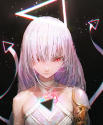Rule 34 | 1other, absurdres, androgynous, black background, choker, closed mouth, commentary, dino (dinoartforame), hair over one eye, halo, halterneck, highres, hololive, hololive english, light purple hair, long hair, looking at viewer, mechanical arms, omega alpha, red eyes, single bare shoulder, single mechanical arm, solo, symbol-shaped pupils, triangle, triangle-shaped pupils, triangle halo, upper body, virtual youtuber, white choker
