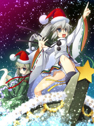 Rule 34 | 2girls, :d, :o, alternate headwear, arm belt, arm garter, bare legs, belt, blue eyes, blush, boat, chima q, christmas, decorations, dress, female focus, ghost, ghost tail, green dress, green hair, grey hair, hat, highres, japanese clothes, kariginu, long sleeves, mononobe no futo, multiple girls, multiple tails, night, night sky, open mouth, outstretched hand, panties, pantyshot, pointing, pointing up, pom pom (clothes), ponytail, sack, santa hat, short hair, sky, smile, soga no tojiko, star (sky), star (symbol), starry sky, tail, touhou, underwear, water, watercraft, white panties, wide sleeves
