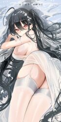 Rule 34 | 1girl, ahoge, azur lane, black hair, blush, breasts, commentary, copyright name, dress, earrings, from behind, hair between eyes, haruri, highres, jewelry, long hair, looking at viewer, looking back, one side up, red eyes, see-through, see-through dress, shiny skin, sideboob, signature, skindentation, smile, solo, taihou (azur lane), taihou (temptation on the sea breeze) (azur lane), thigh focus, thighhighs, veil, very long hair, white thighhighs