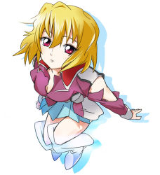 Rule 34 | 00s, 1girl, blonde hair, blue skirt, boots, breasts, cleavage, collarbone, from above, full body, gundam, gundam seed, gundam seed destiny, ixy, knee boots, long sleeves, looking at viewer, looking up, pleated skirt, red eyes, short hair, simple background, skirt, solo, stellar loussier, white background, white footwear