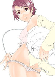 Rule 34 | 1girl, ass, camisole, female focus, frilled panties, frills, lingerie, lowres, open clothes, open shirt, panties, panty pull, planetes, shirt, solo, standing, tanabe ai, underwear, underwear only, white background, white panties