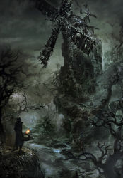Rule 34 | absurdres, bloodborne, from software, highres, hunter (bloodborne), saw, saw cleaver, solo, torch, tree, windmill